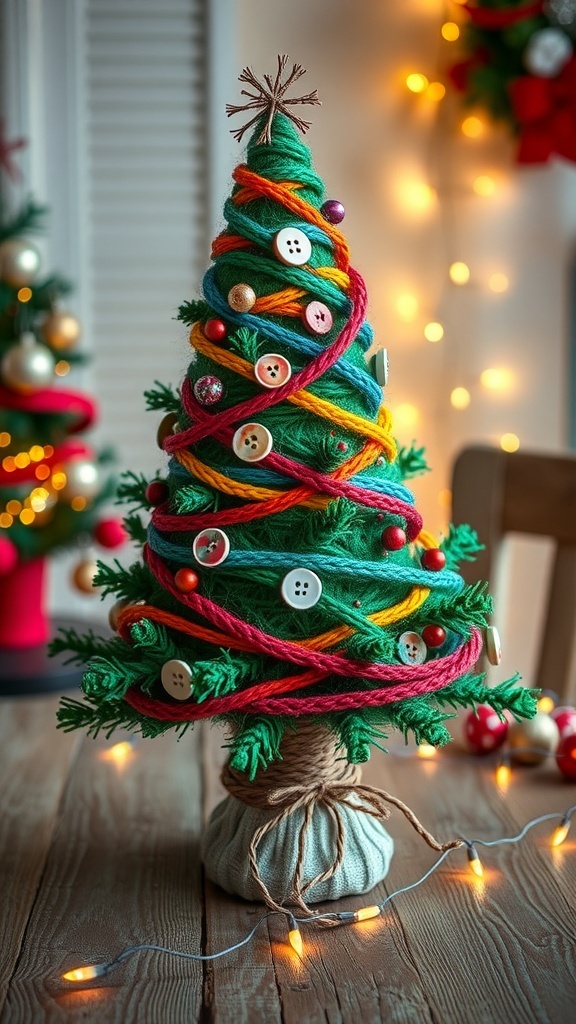 A colorful yarn Christmas tree decorated with buttons and ribbons on a wooden table with holiday lights.